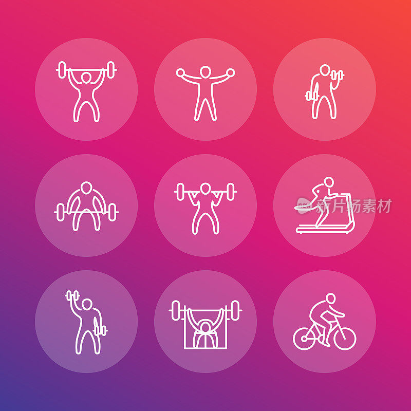 Gym, fitness exercises line icons, fitness training pictograms set